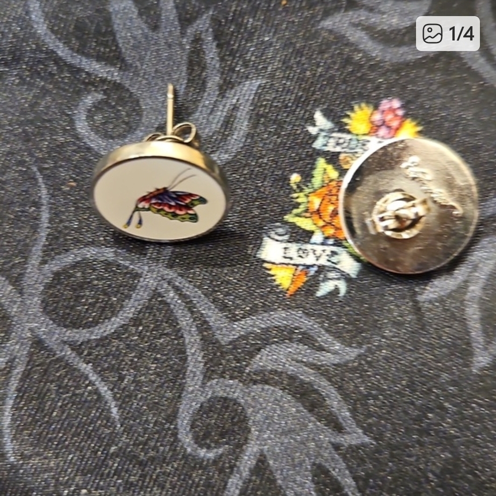 Ed Hardy White Butterfly Stud Earrings with Multicolor Accent